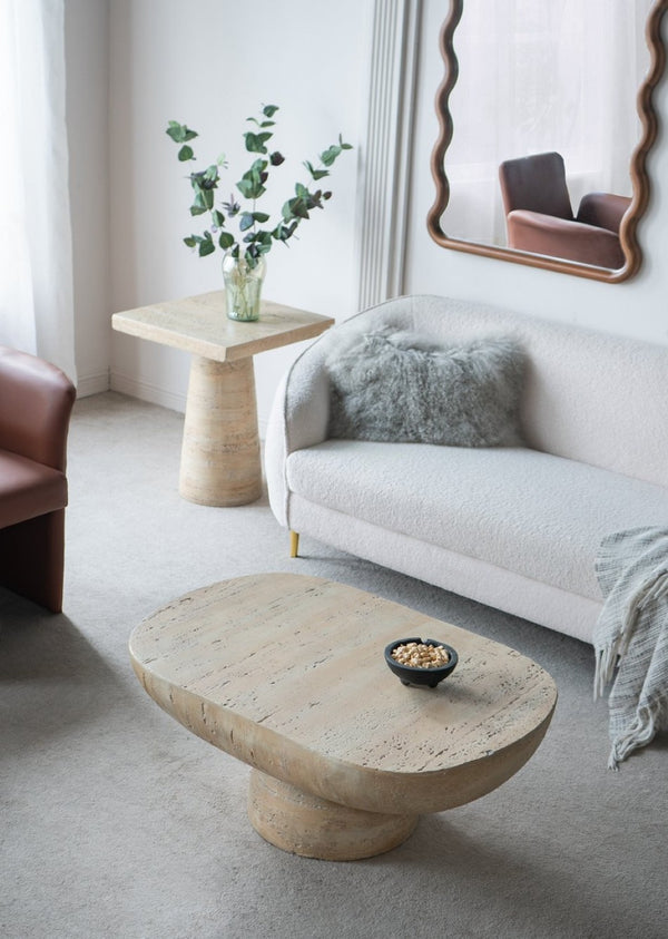 English Elm 36x24x15" Oval Pedestal Coffee Table Sculptural Magnesium Base for Modern Living Rooms Cream W2078P161503
