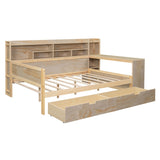 English Elm Wooden Full Size Daybed With Storage Shelves, Multi-Functional Bed With Two Storage Drawers and Study Desk, Natural