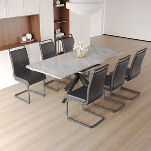 English Elm 62.4" Extendable Dining Table Set Seats 8 with Mdf Top X-frame Metal Legs Padded Chairs Black+ Gray W2189S00951