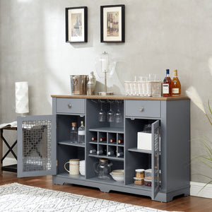 English Elm Modern Farmhouse Sideboard with Glass Doors Wine Rack and Two-tone Oak Blue Finish W1758P147682
