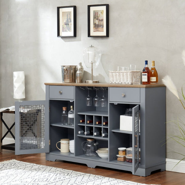 English Elm Modern Farmhouse Sideboard with Glass Doors Wine Rack and Two-tone Oak Blue Finish W1758P147682