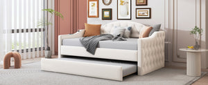 English Elm Twin Velvet Tufted Daybed with Pull Out Trundle and Built in Usb Charging Ports N733S422848A