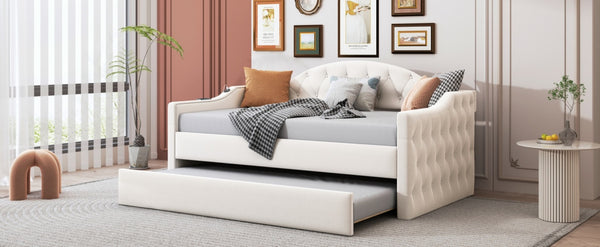 English Elm Twin Velvet Tufted Daybed with Pull Out Trundle and Built in Usb Charging Ports N733S422848A