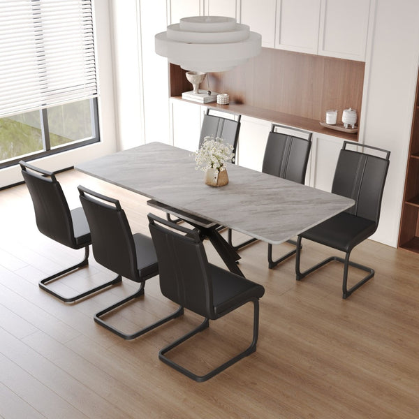 English Elm 62.4" Extendable Dining Table Set Seats 8 with Mdf Top X-frame Metal Legs Padded Chairs Black+ Gray W2189S00951