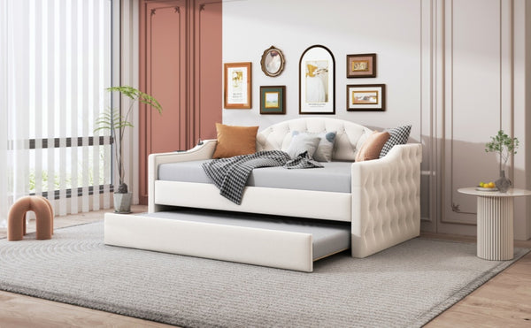 English Elm Twin Velvet Tufted Daybed with Pull Out Trundle and Built in Usb Charging Ports N733S422848A