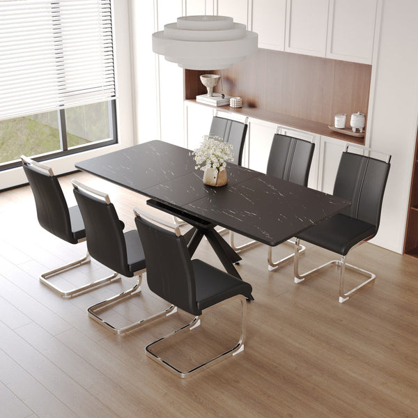 English Elm 62.4" Expandable Dining Table Set For 6-8 With Black Metal Legs & Soft Padded Chairs For Modern Homes W2189S00124