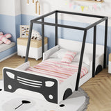 Twin Size Car-Shaped Bed with Roof, Wooden Twin Floor Bed with Wheels and Door Design, Montessori Inspired Bedroom, Black