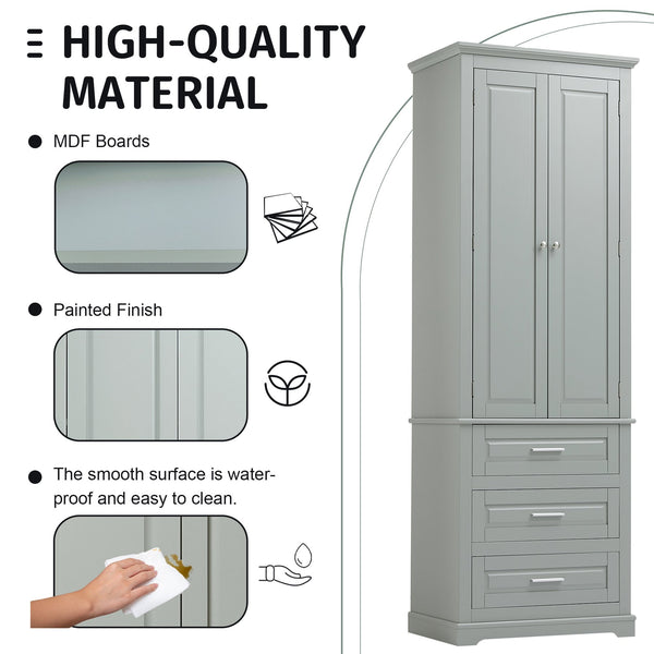 English Elm Tall Tall Storage Cabinet with Three Drawers and Doors for Bathroom or Office, Slim MDF Organizer Grey WF299282AAE
