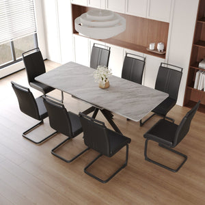 English Elm 62.4" Extendable Mdf Dining Table Set Seats 8 with Padded Chairs and X Metal Legs Black+ Gray W2189S00950