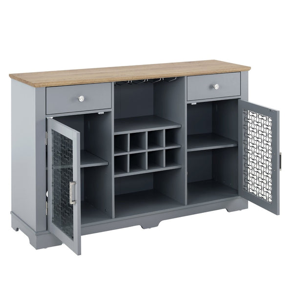 English Elm Modern Farmhouse Sideboard with Glass Doors Wine Rack and Two-tone Oak Blue Finish W1758P147682