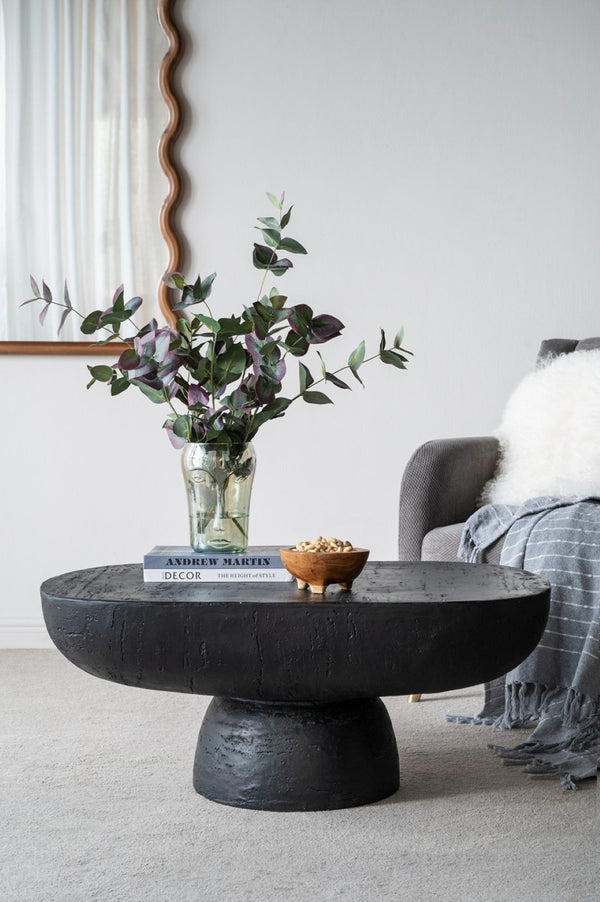 English Elm 36x24x15" Oval Pedestal Coffee Table Sculptural Magnesium Base for Modern Living Rooms Black W2078P161504