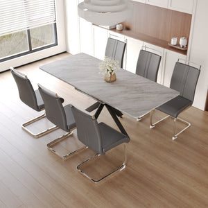 English Elm 62.4" Extendable Mdf Dining Table Set Six Padded Chairs X-frame Metal Legs Modern W2189S00947