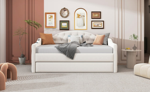 English Elm Twin Velvet Tufted Daybed with Pull Out Trundle and Built in Usb Charging Ports N733S422848A