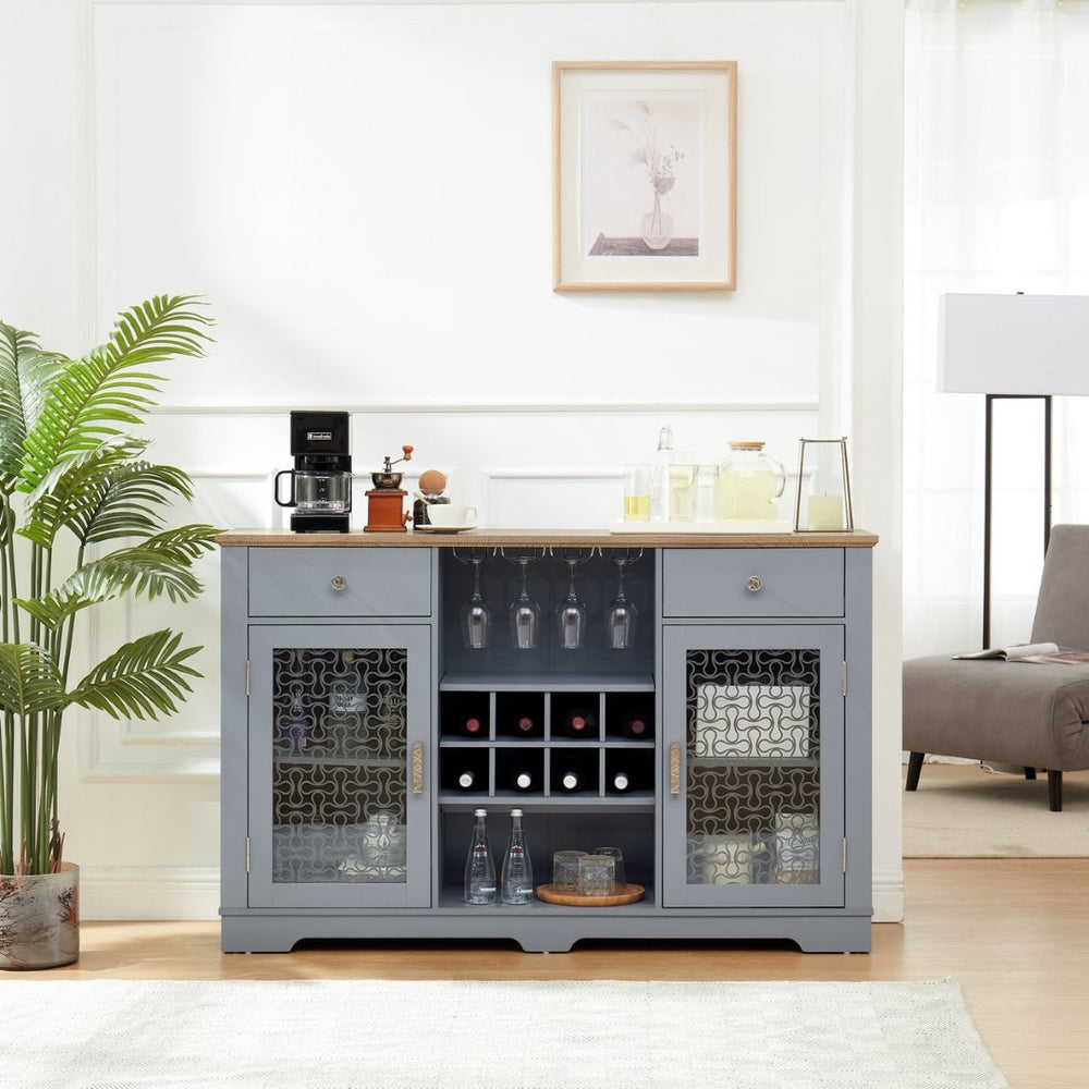 English Elm Modern Farmhouse Sideboard with Glass Doors Wine Rack and Two-tone Oak Blue Finish W1758P147682