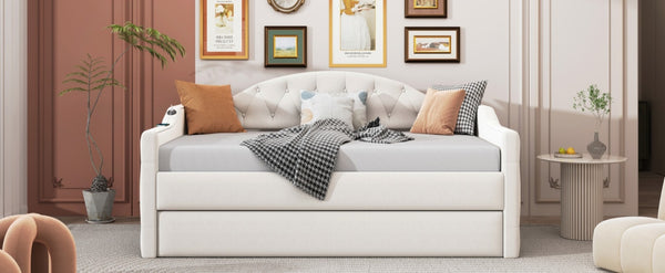 English Elm Twin Velvet Tufted Daybed with Pull Out Trundle and Built in Usb Charging Ports N733S422848A