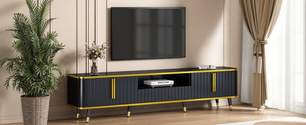English Elm On-trend Glam Minimalist Media Console with Gold Iron Legs Open Shelf for Living Room Gold+Black WF320395AAB