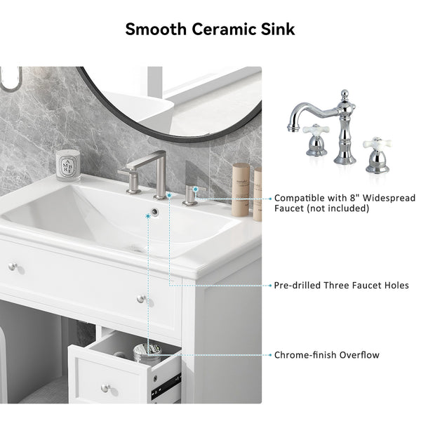 English Elm 30" Modern White Bathroom Vanity with Ceramic Sink, Solid Poplar & MDF, 1 Door 2 Drawers, 33.5" L N725P198484K