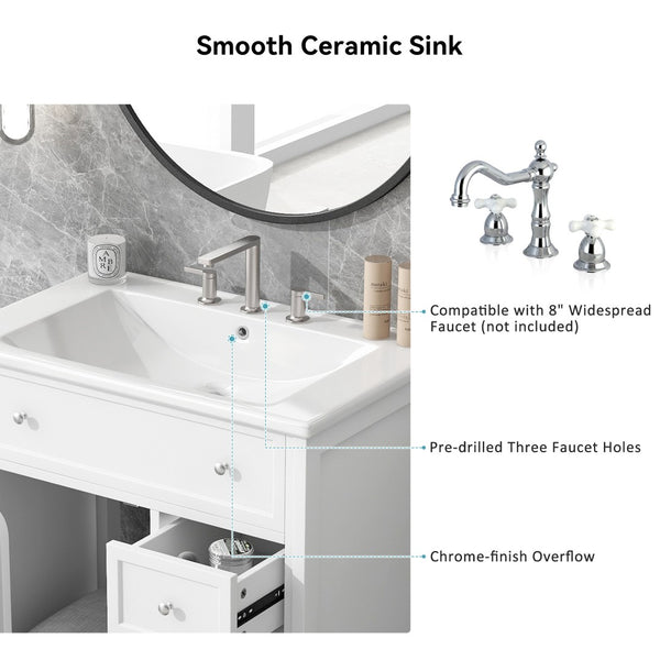 English Elm 30" White Bathroom Vanity Solid Wood Mdf Cabinet Two Drawers with Ceramic Sink Top N725P369592K