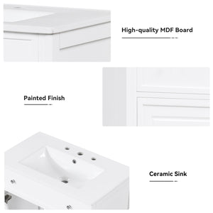 English Elm 30" Modern White Bathroom Vanity with Ceramic Sink, Solid Poplar & MDF, 1 Door 2 Drawers, 33.5" L N725P198484K