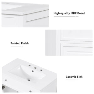 English Elm 30" White Bathroom Vanity Solid Wood Mdf Cabinet Two Drawers with Ceramic Sink Top N725P369592K
