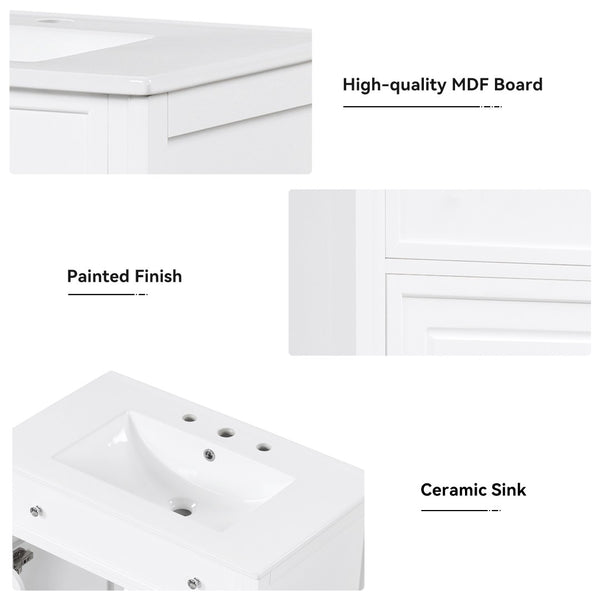 English Elm 30" White Bathroom Vanity Solid Wood Mdf Cabinet Two Drawers with Ceramic Sink Top N725P369592K