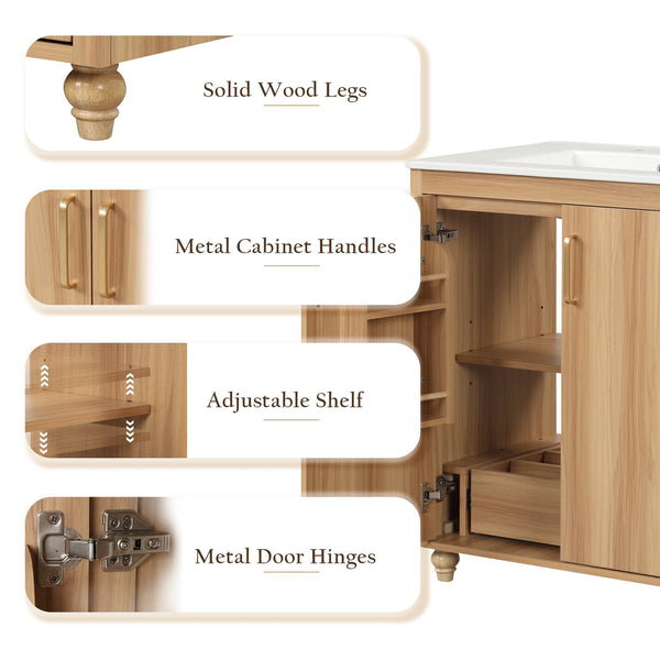 English Elm 30" Modern Bathroom Vanity with Ceramic Sink, Solid Wood & MDF Storage Cabinet with Drawer and Doors WF319484AAG