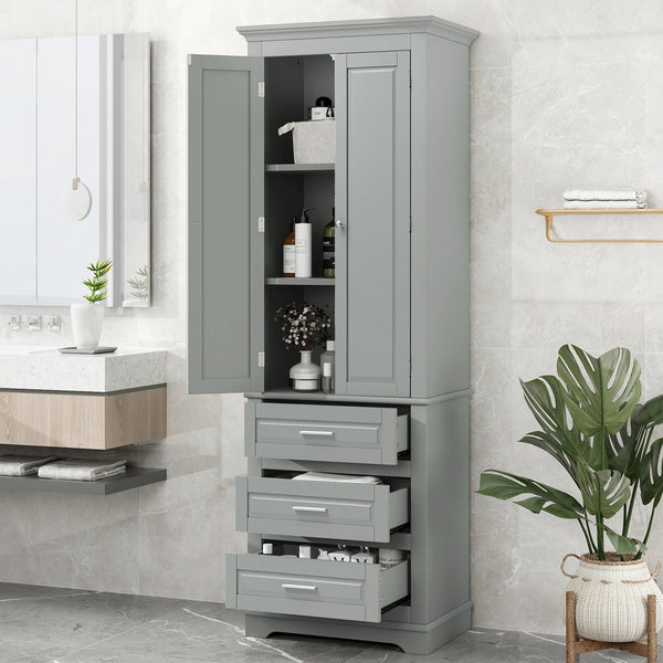 English Elm Tall Tall Storage Cabinet with Three Drawers and Doors for Bathroom or Office, Slim MDF Organizer Grey WF299282AAE