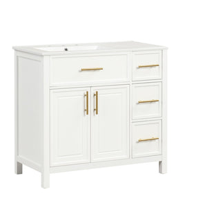 English Elm 36" Freestanding Bathroom Vanity Rubberwood Mdf Ceramic Sink Three Drawers White N725P198316K