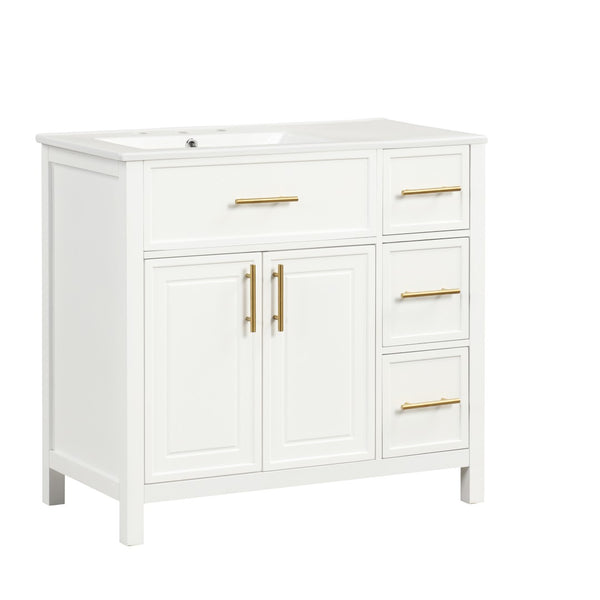 English Elm 36" Matte Freestanding Bathroom Vanity Solid Wood Cabinet Ceramic Sink Three Drawers White N725P364205K