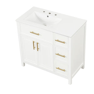English Elm 36" Matte Freestanding Bathroom Vanity Solid Wood Cabinet Ceramic Sink Three Drawers White N725P364205K
