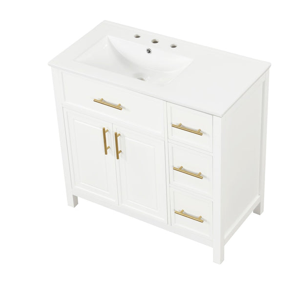 English Elm 36" Matte Freestanding Bathroom Vanity Solid Wood Cabinet Ceramic Sink Three Drawers White N725P364205K