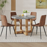 English Elm A Modern and Practical Circular Dining Table. Made Of Mdf Tabletop and Wooden Mdf Table Legs.A Set Of 4 Brown Cushioned Chairs In A Modern Medieval Style Restaurant. Ct-403 B0502A