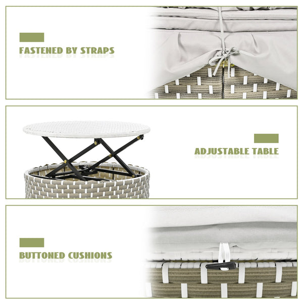 English Elm TOPMAX All-Weather Rattan Round Sectional Daybed with Retractable Canopy, Adjustable Table & Cushions Gray SP100023AAE