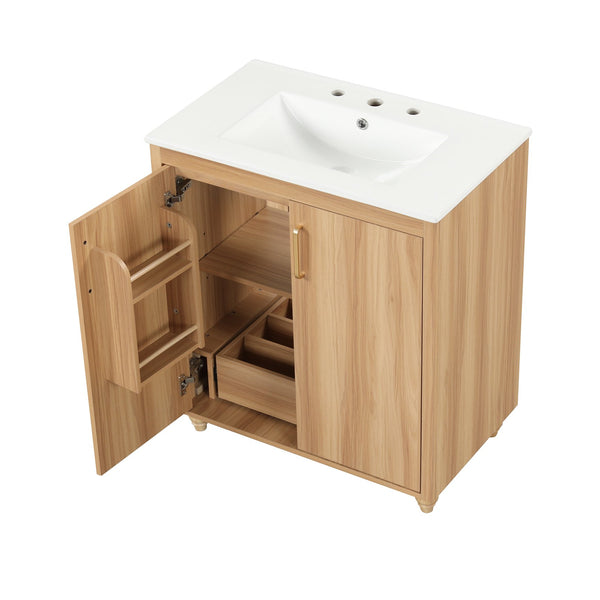 English Elm 30" Modern Bathroom Vanity with Ceramic Sink, Solid Wood & MDF Storage Cabinet with Drawer and Doors WF319484AAG