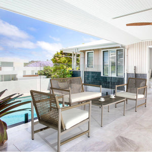 English Elm 4 Piece Patio Rattan Set with High-Rebound Cushions and Wood-Grain Tempered Glass Tabletop, Stylish Outdoor Conversation Sofa for Garden Balcony Poolside White+Natural W2337S00002