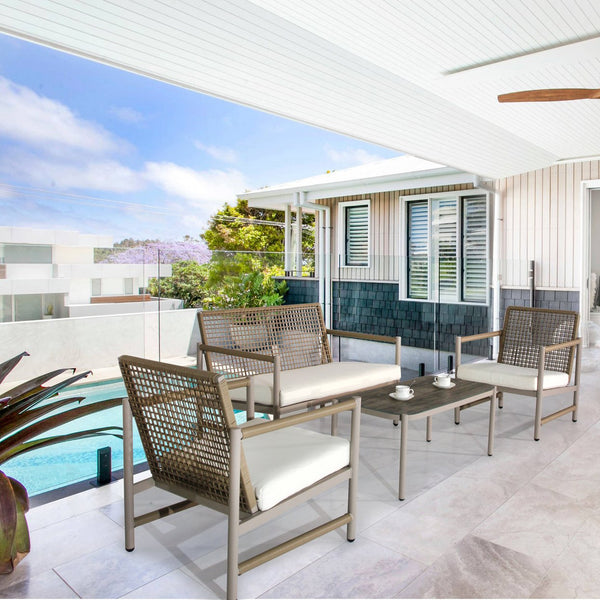 English Elm 4 Piece Patio Rattan Set with High-Rebound Cushions and Wood-Grain Tempered Glass Tabletop, Stylish Outdoor Conversation Sofa for Garden Balcony Poolside White+Natural W2337S00002