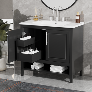 English Elm 36" Bathroom Vanity With Sink, Multi-Functional Bathroom Cabinet With Doors and Drawers, Mdf Frame and Mdf Board, Black