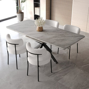 English Elm 62.4" Extendable Mdf Dining Set with Upholstered Chairs and Black X Metal Legs Grey+White W2189S00945