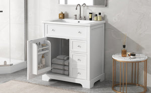 English Elm 30" Modern White Bathroom Vanity with Ceramic Sink, Solid Poplar & MDF, 1 Door 2 Drawers, 33.5" L N725P198484K