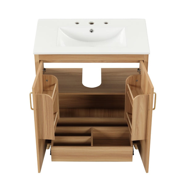 English Elm 30" Freestanding Bathroom Vanity Natural Wood Mdf Cabinet Ceramic Sink Combo N725P366464N