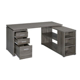 English Elm L-Shape Office Desk With Drawers and Shelves, Weathered Grey