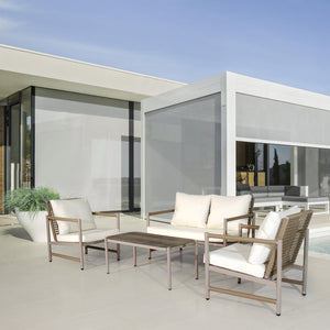 English Elm 4 Piece Patio Rattan Set with High-Rebound Cushions and Wood-Grain Tempered Glass Tabletop, Stylish Outdoor Conversation Sofa for Garden Balcony Poolside White+Natural W2337S00002