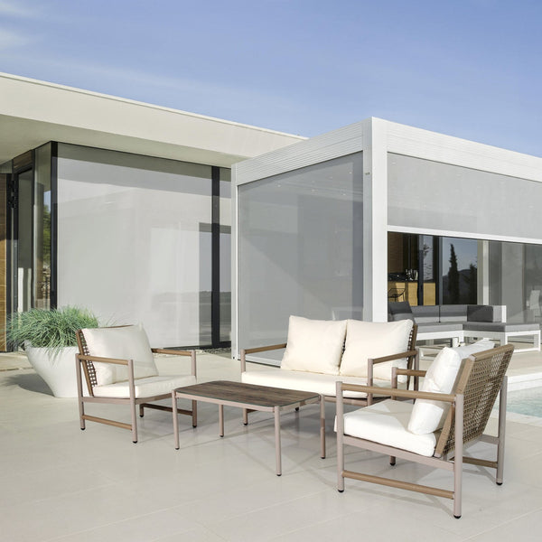 English Elm 4 Piece Patio Rattan Set with High-Rebound Cushions and Wood-Grain Tempered Glass Tabletop, Stylish Outdoor Conversation Sofa for Garden Balcony Poolside White+Natural W2337S00002