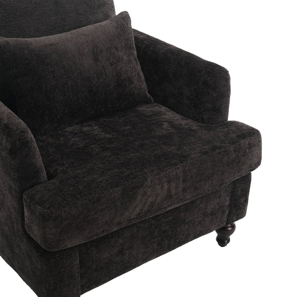 English Elm Wood Frame Armchair Tufted Black Chenille Mid-Century Accent Chair with Studs, Solid Wood Comfort W395P151910