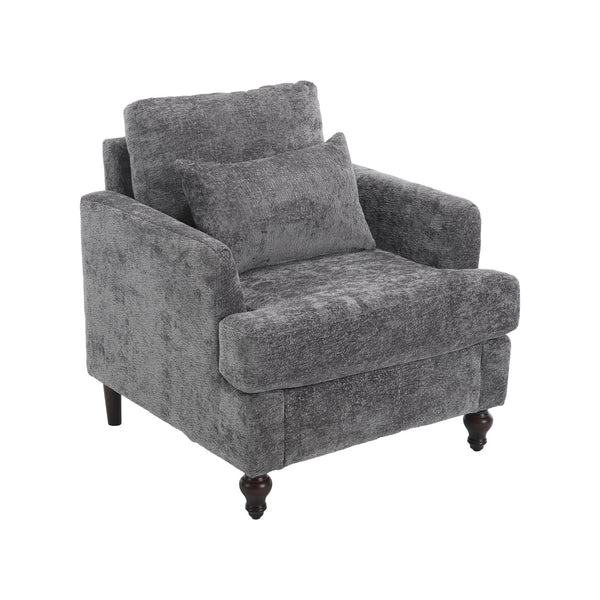 English Elm Wood Frame Armchair Tufted Chenille Lounge Chair with Ergonomic Back & Solid Wood Frame, Cozy Seat Gray W395P151908