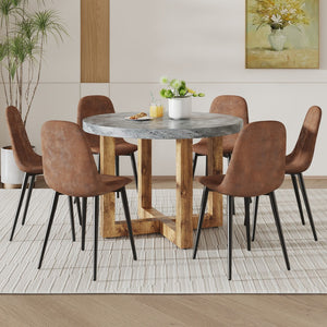 English Elm A Modern and Practical Circular Dining Table. Made Of Mdf Tabletop and Wooden Mdf Table Legs. A Set Of 6 Brown Cushioned Chairs. Ct-403 B0501A