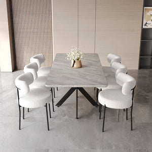 English Elm 62.4" Extendable Mdf Dining Table Set Seats 8 with Upholstered Curved Backrest Chairs Grey+White W2189S00944