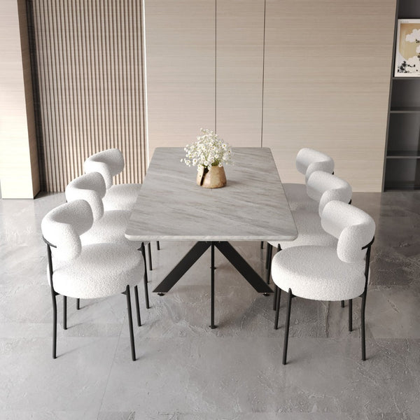 English Elm 62.4" Extendable Mdf Dining Table Set Seats 8 with Upholstered Curved Backrest Chairs Grey+White W2189S00944
