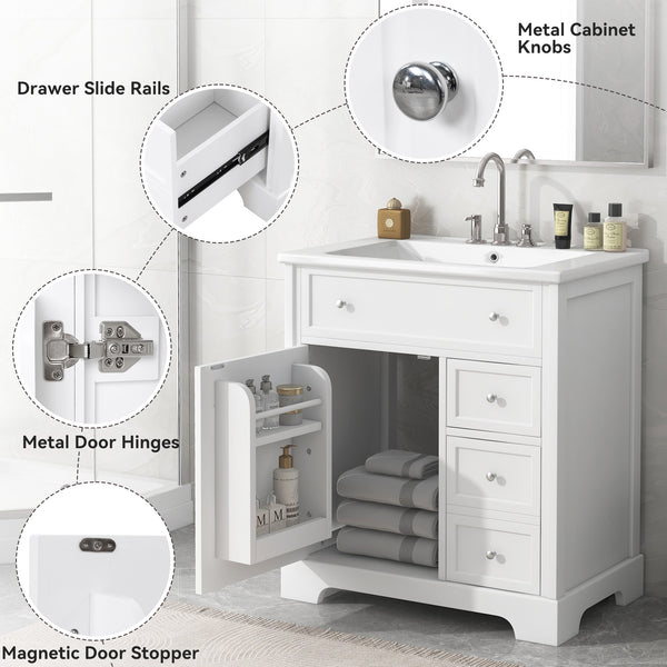 English Elm 30" Modern White Bathroom Vanity with Ceramic Sink, Solid Poplar & MDF, 1 Door 2 Drawers, 33.5" L N725P198484K