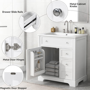 English Elm 30" White Bathroom Vanity Solid Wood Mdf Cabinet Two Drawers with Ceramic Sink Top N725P369592K